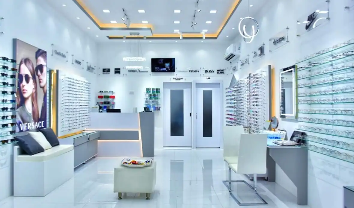 Bright eyewear shop showcasing a wide selection of designer glasses and sunglasses.